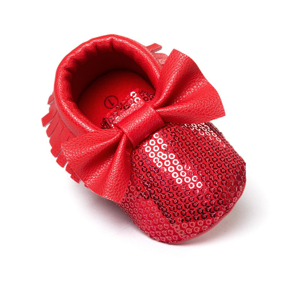 red sequins baby bow moccasins Bling Bling pu leather glitter baby girls dress shoes toddler soft sole moccs - CelebritystyleFashion.com.au online clothing shop australia