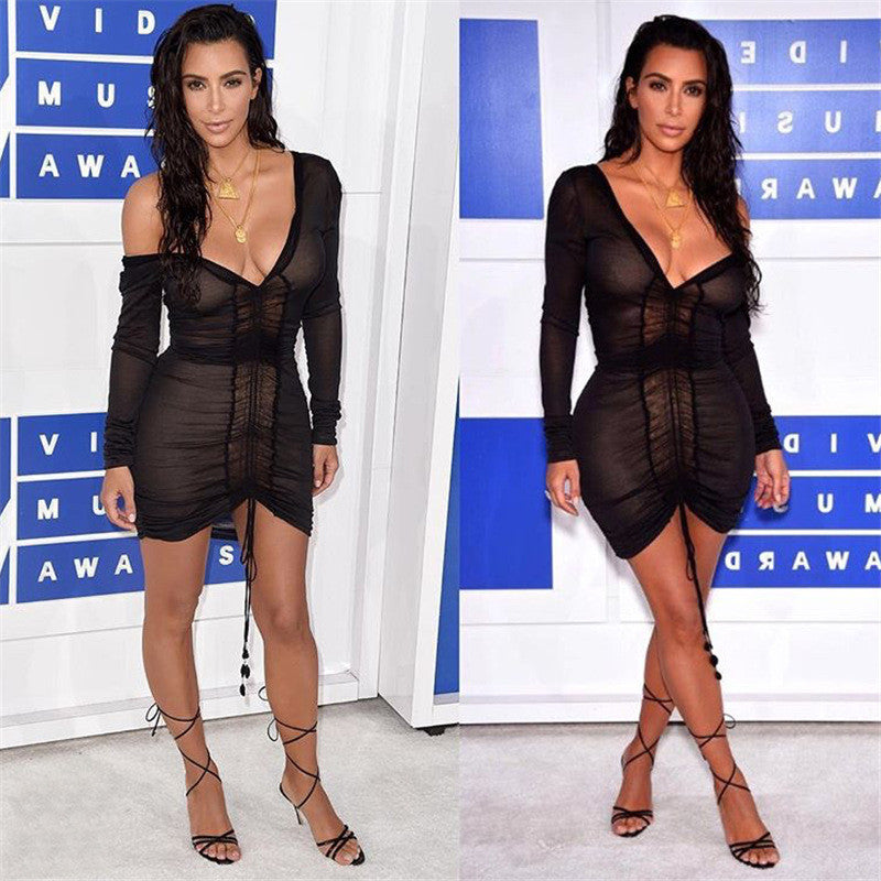 Kim Kardashian Deep V-Neck Sheer Draw String Bodycon Dress - CelebritystyleFashion.com.au online clothing shop australia