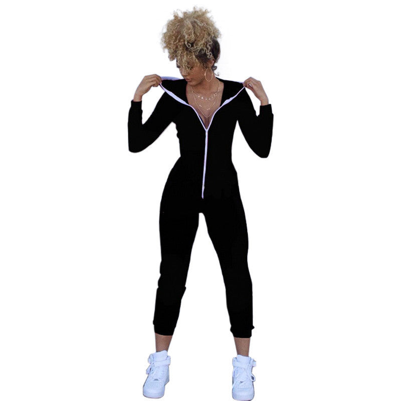 Casual Women One Piece Outfits Jumpsuits Long Sleeve Bodycon Front Zipper Hooded Long Pants Sexy Black/Red Rompers Playsuit - CelebritystyleFashion.com.au online clothing shop australia