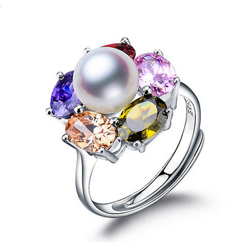 New Colorful Flower Wedding Rings 925 Sterling Silver Jewelry Natural ruby jewelry Big Pearl Adjustable Rings For Women - CelebritystyleFashion.com.au online clothing shop australia