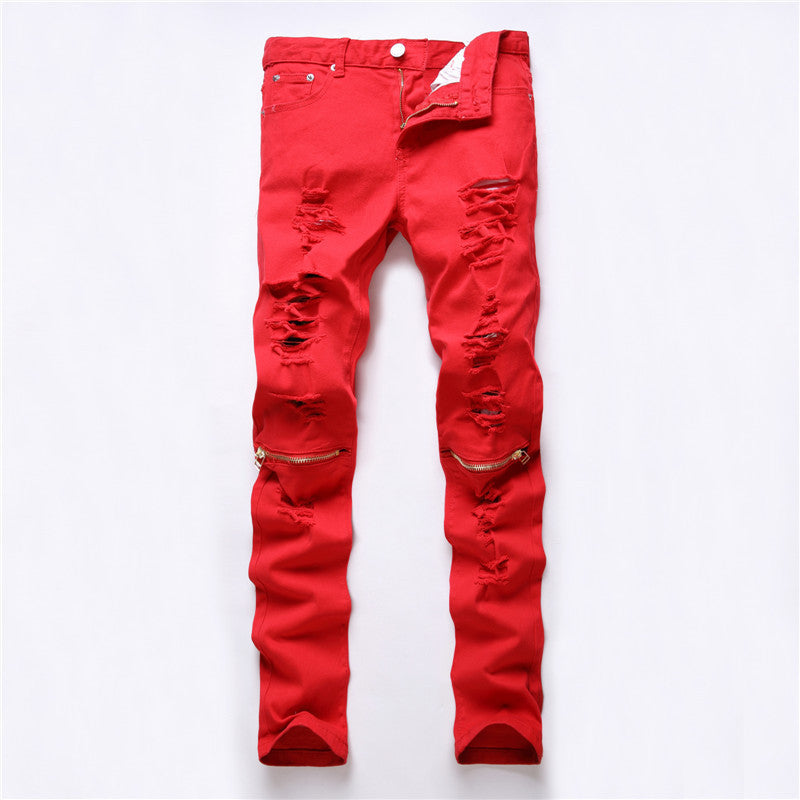 Red White Black Ripped Denim Pant Knee Hole Zipper Biker Jeans Men Slim Skinny Destroyed Torn Jean Pants fear of god jeans - CelebritystyleFashion.com.au online clothing shop australia