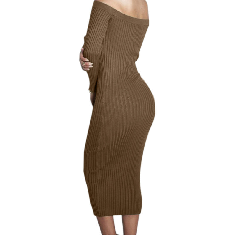 Fashion Long Sleeve Off Shoulder Slash Neck Sexy Club Women Dress Slim Bodycon Knitted Sweater Knee-Length Party Night Dresses - CelebritystyleFashion.com.au online clothing shop australia