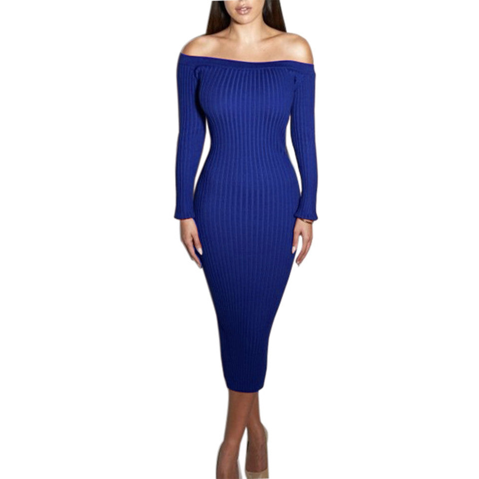 Fashion Long Sleeve Off Shoulder Slash Neck Sexy Club Women Dress Slim Bodycon Knitted Sweater Knee-Length Party Night Dresses - CelebritystyleFashion.com.au online clothing shop australia