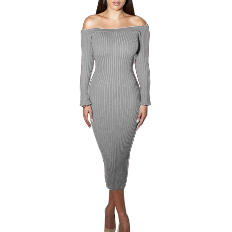 Fashion Long Sleeve Off Shoulder Slash Neck Sexy Club Women Dress Slim Bodycon Knitted Sweater Knee-Length Party Night Dresses - CelebritystyleFashion.com.au online clothing shop australia