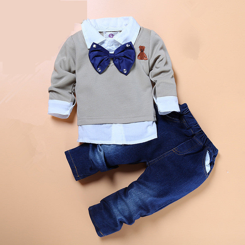 boys boutique clothes 2pcs/set kids gentleman bow tie fake two piece shirts+handsome jeans - CelebritystyleFashion.com.au online clothing shop australia