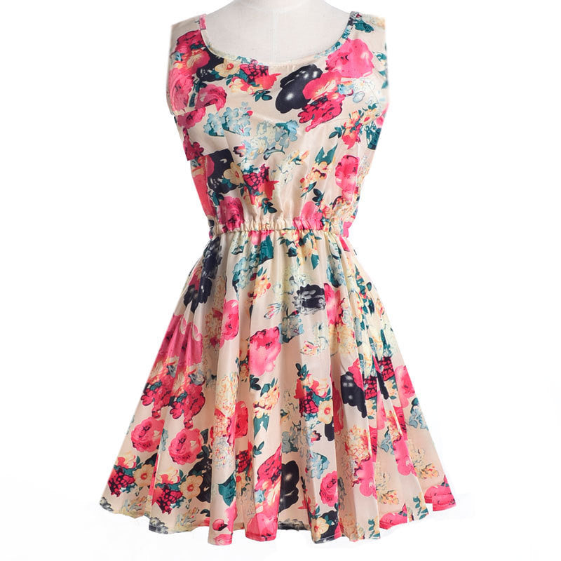 Brand Fashion Women New Apricot Sleeveless O-Neck Florals Print Pleated Summer Clothing Dresses - CelebritystyleFashion.com.au online clothing shop australia