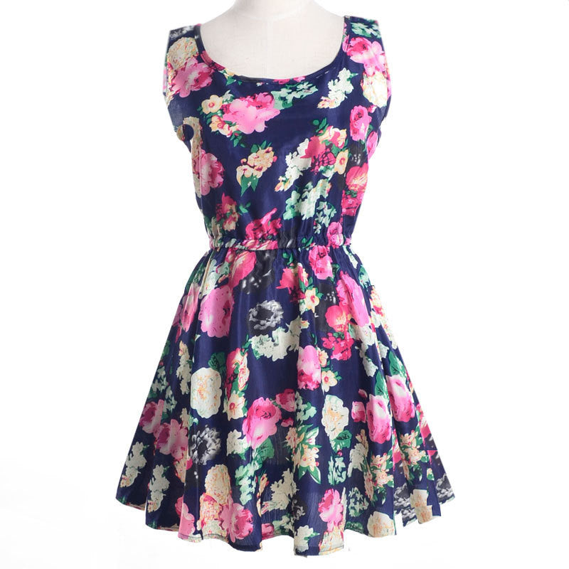 Brand Fashion Women New Apricot Sleeveless O-Neck Florals Print Pleated Summer Clothing Dresses - CelebritystyleFashion.com.au online clothing shop australia