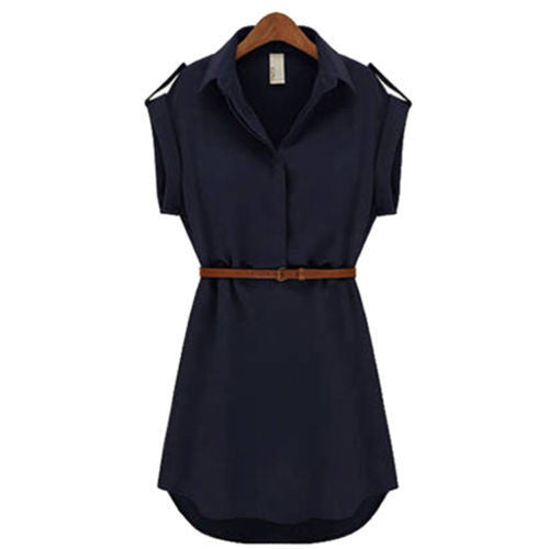 With Belt Women Summer Dress Shirt V-Neck Short A-Line Solid Plus Size Chiffon Casual Vestidos For Party Beach Office 8463 - CelebritystyleFashion.com.au online clothing shop australia