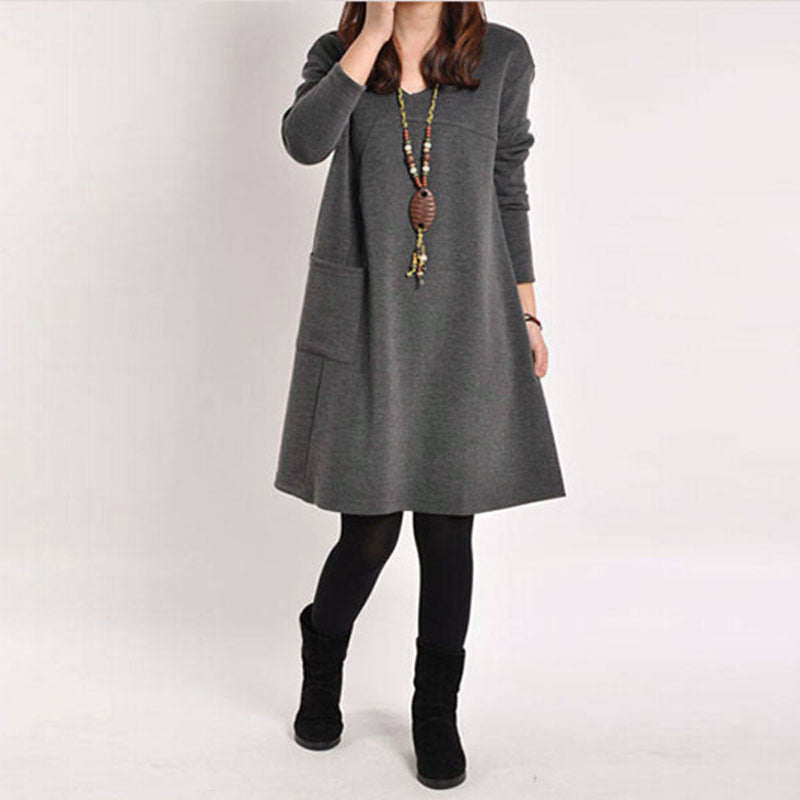 Autumn Winter Long Blusas Women Long Sleeve Pocket Dress Solid O Neck Autumn Winter Long Blusas Women Long Sleeve Pocket Dress Solid O Neck