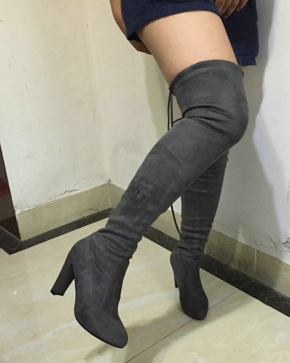 Women Stretch Faux Suede Slim Thigh High Boots Sexy Fashion Over the Knee Boots High Heels Woman Shoes Black Gray Winered - CelebritystyleFashion.com.au online clothing shop australia