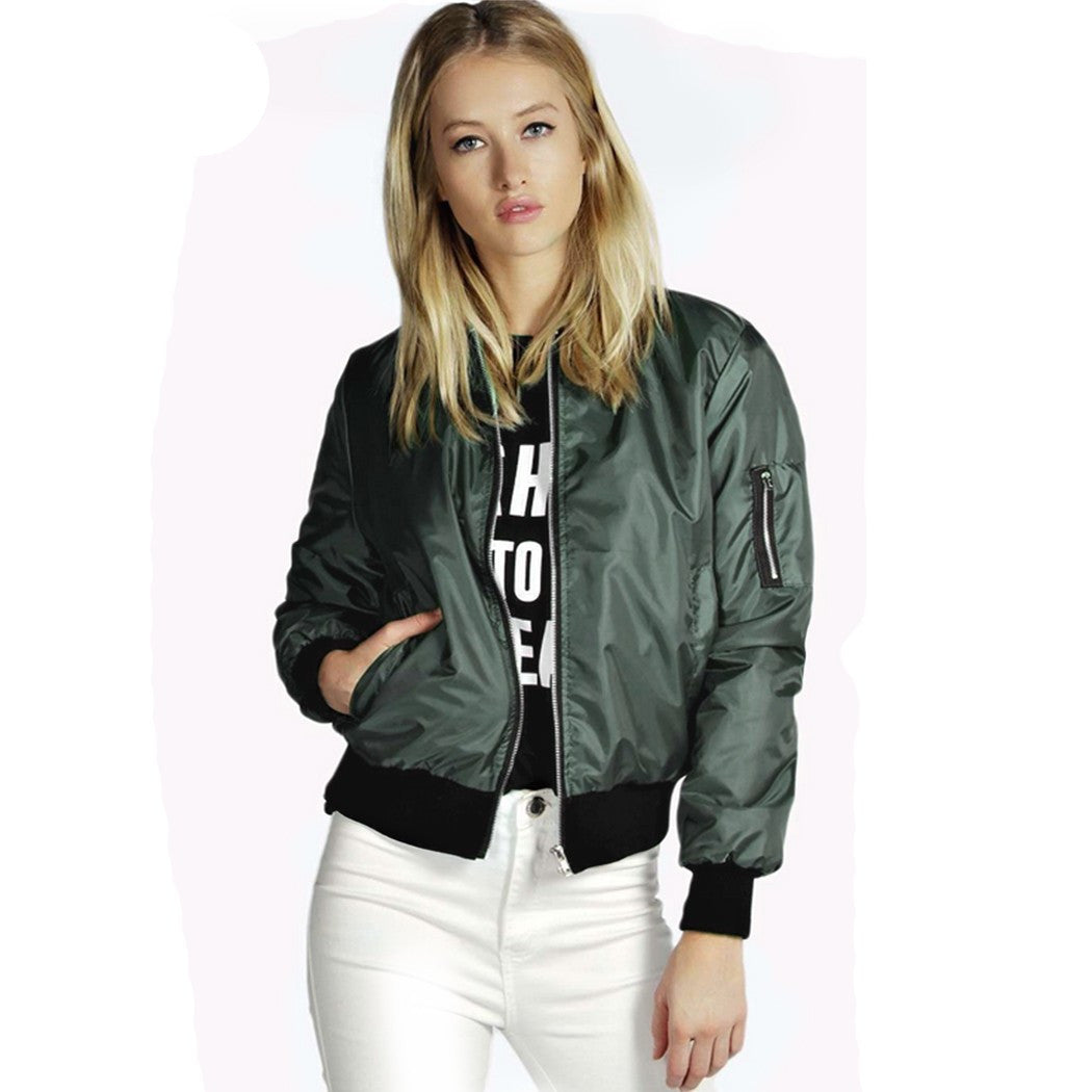 European Style Womens Retro Long Sleeve O-Neck Short Zipper Slim Bomber Jacket Casual Coat MA1 Pilot Bomber Jackets - CelebritystyleFashion.com.au online clothing shop australia