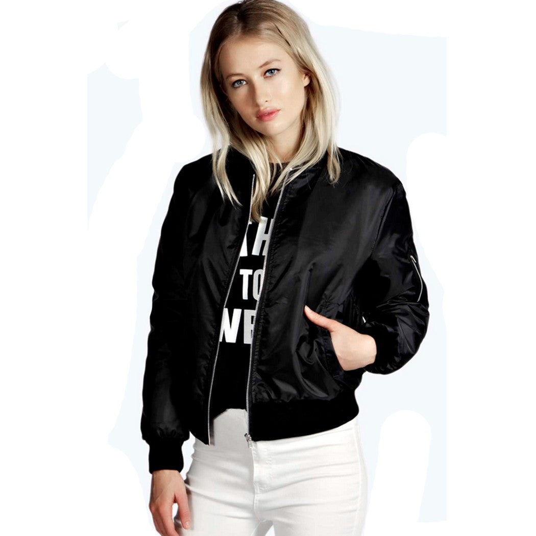 European Style Womens Retro Long Sleeve O-Neck Short Zipper Slim Bomber Jacket Casual Coat MA1 Pilot Bomber Jackets - CelebritystyleFashion.com.au online clothing shop australia