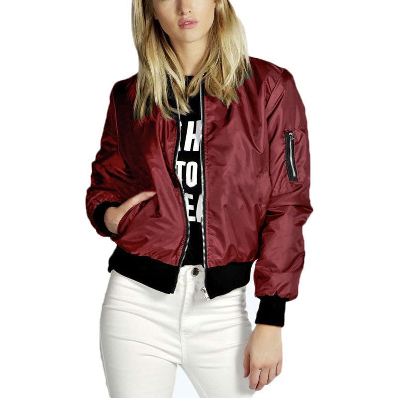 European Style Womens Retro Long Sleeve O-Neck Short Zipper Slim Bomber Jacket Casual Coat MA1 Pilot Bomber Jackets - CelebritystyleFashion.com.au online clothing shop australia