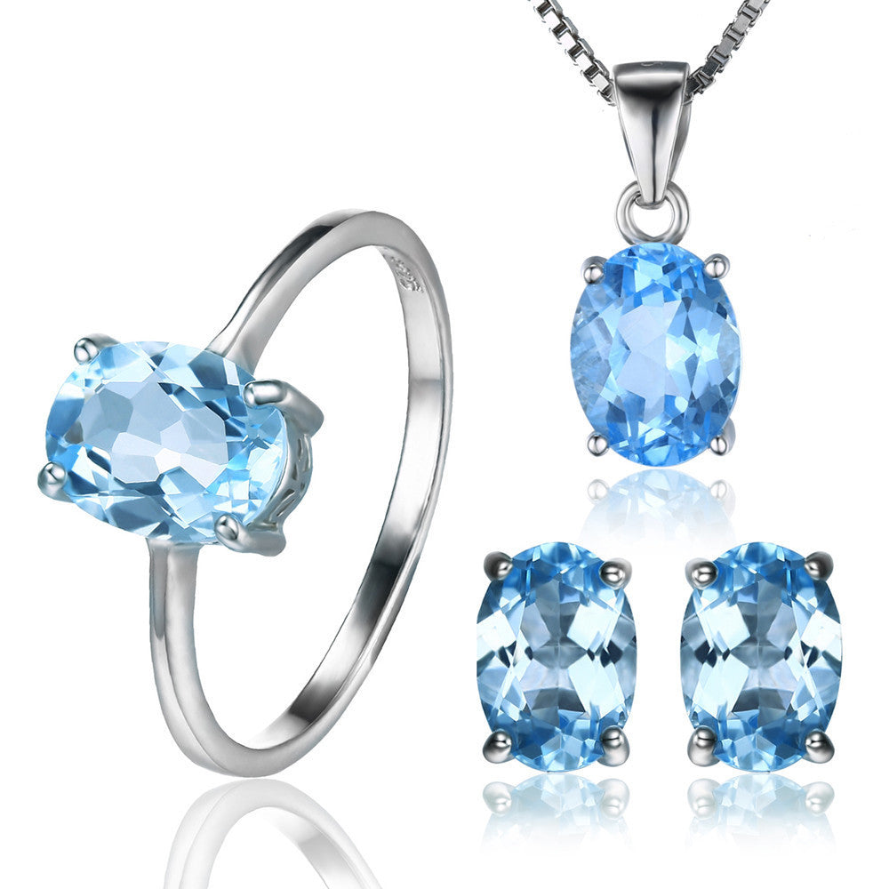 Oval 5.8ct Natrual Blue Topaz Ring Stud Earrings Pendant Necklace 925 Sterling Silver Jewelry Sets 45cm Box Chain - CelebritystyleFashion.com.au online clothing shop australia