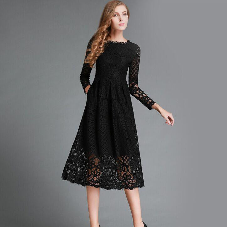 Autumn Hollow Out Elegant White Lace Elegant Party Dress High Quality Women Long Sleeve Casual Dresses H016 - CelebritystyleFashion.com.au online clothing shop australia