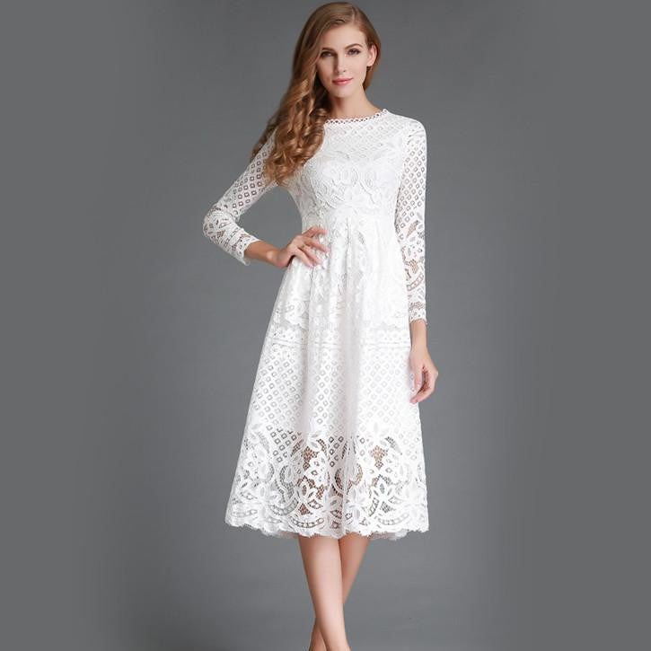 Autumn Hollow Out Elegant White Lace Elegant Party Dress High Quality Women Long Sleeve Casual Dresses H016 - CelebritystyleFashion.com.au online clothing shop australia