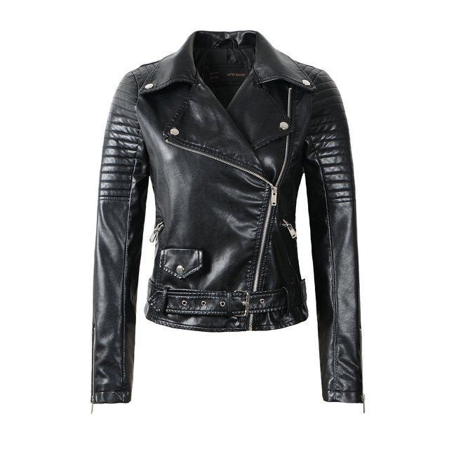 Fashion Women Faux Leather Jacket Ladies Motorcycle PU Black Long Sleeve Coat with Belt - CelebritystyleFashion.com.au online clothing shop australia