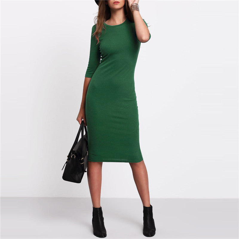 COLROVE Work Summer Style Women Bodycon Dresses Sexy New Arrival Casual Green Crew Neck Half Sleeve Midi Dress - CelebritystyleFashion.com.au online clothing shop australia