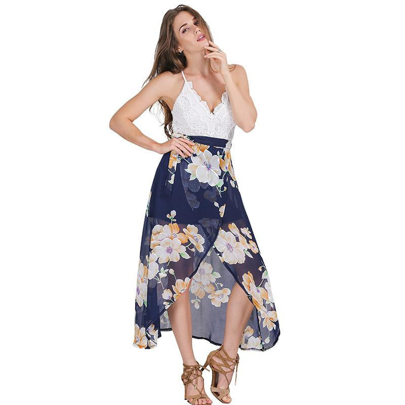 Sexy print lace summer dress Strap deep v neck high waist beach dresses women new slit backless long dress - CelebritystyleFashion.com.au online clothing shop australia