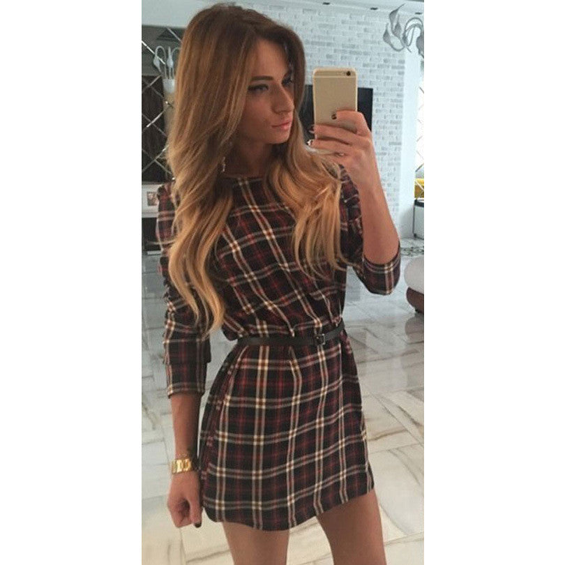 women plaid dresses o-neck long sleeve loose dresses casual mini dress - CelebritystyleFashion.com.au online clothing shop australia