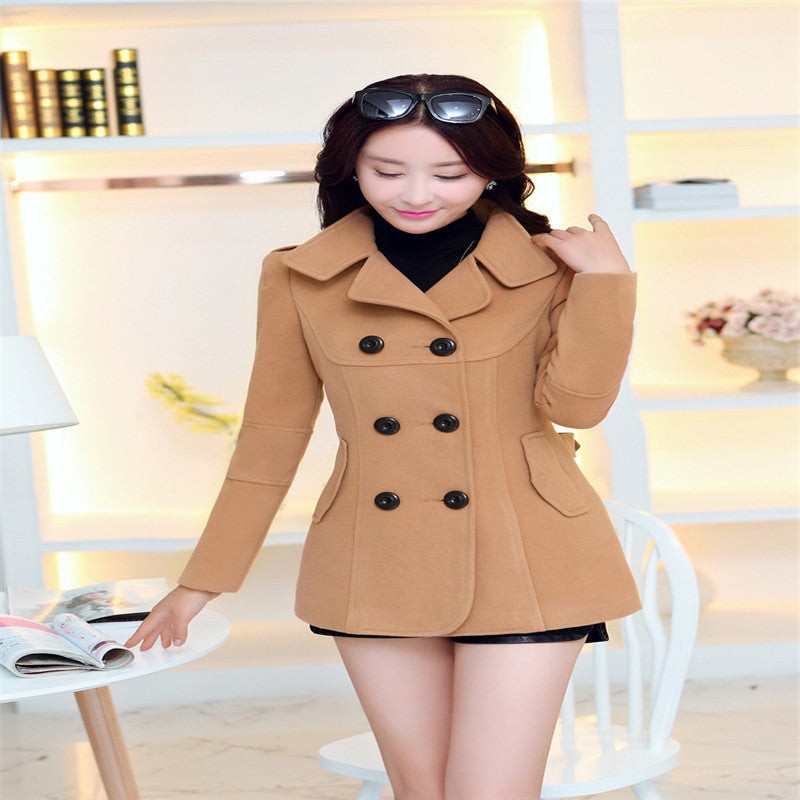 Women Woolen Coats Winter Trench Coat Fashion Solid Double Breasted Overcoat Turn-down Collar Slim Outerwear C8103 - CelebritystyleFashion.com.au online clothing shop australia