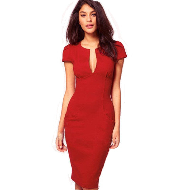 Summer Charming Sexy Pencil Dress Celebrity Style Fashion Pockets Knee-length Bodycon Slim Business Sheath Party Dress E521 - CelebritystyleFashion.com.au online clothing shop australia