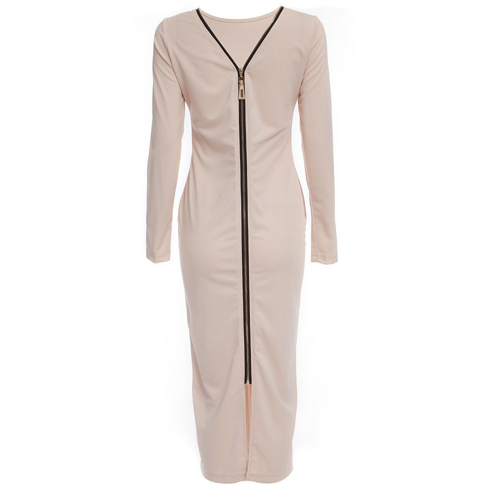 Autumn Maxi Simple Round Collar Knee-Length Sexy Elegant Dress Long Sleeve Full Zipper Tight Design Fitted Dresses Women Vestido - CelebritystyleFashion.com.au online clothing shop australia