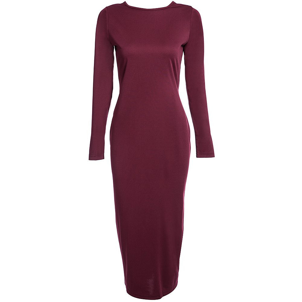 Autumn Maxi Simple Round Collar Knee-Length Sexy Elegant Dress Long Sleeve Full Zipper Tight Design Fitted Dresses Women Vestido - CelebritystyleFashion.com.au online clothing shop australia