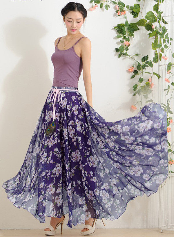 Elegant Fancy Flower Print Skirt Long Women Fashion Peacock Feather Elastic Waist Ultra-long Big Bottom Full Chiffon Skirt - CelebritystyleFashion.com.au online clothing shop australia