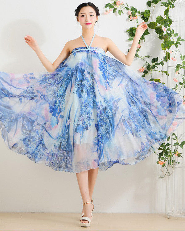 Elegant Fancy Flower Print Skirt Long Women Fashion Peacock Feather Elastic Waist Ultra-long Big Bottom Full Chiffon Skirt - CelebritystyleFashion.com.au online clothing shop australia