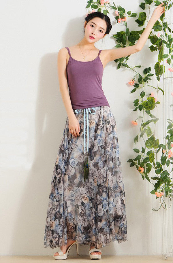 Elegant Fancy Flower Print Skirt Long Women Fashion Peacock Feather Elastic Waist Ultra-long Big Bottom Full Chiffon Skirt - CelebritystyleFashion.com.au online clothing shop australia