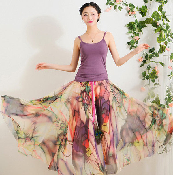 Elegant Fancy Flower Print Skirt Long Women Fashion Peacock Feather Elastic Waist Ultra-long Big Bottom Full Chiffon Skirt - CelebritystyleFashion.com.au online clothing shop australia