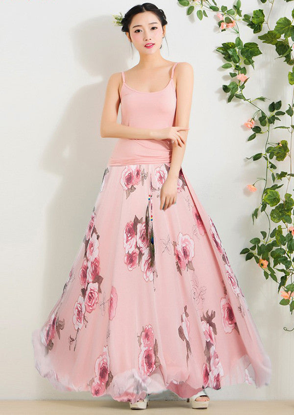 Elegant Fancy Flower Print Skirt Long Women Fashion Peacock Feather Elastic Waist Ultra-long Big Bottom Full Chiffon Skirt - CelebritystyleFashion.com.au online clothing shop australia