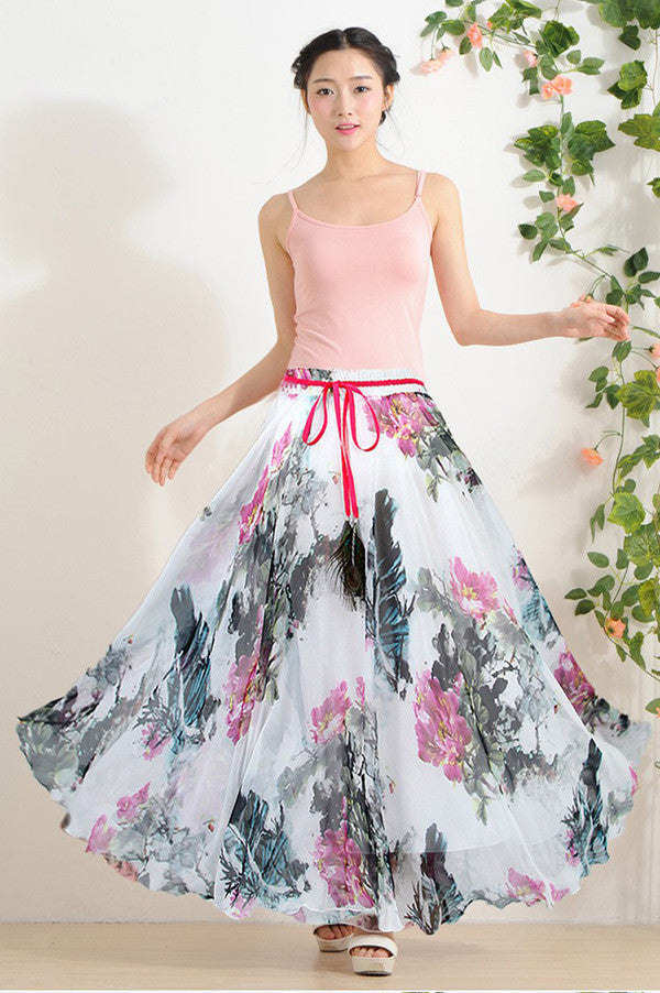 Elegant Fancy Flower Print Skirt Long Women Fashion Peacock Feather Elastic Waist Ultra-long Big Bottom Full Chiffon Skirt - CelebritystyleFashion.com.au online clothing shop australia