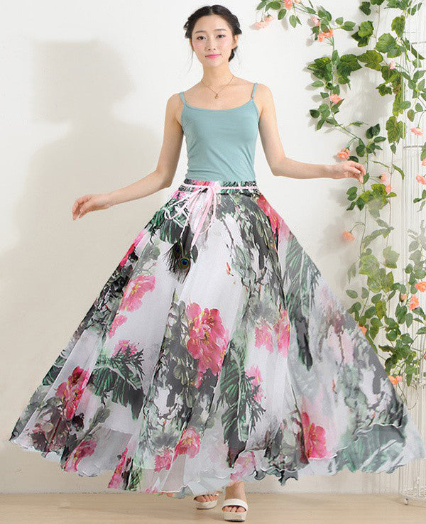 Elegant Fancy Flower Print Skirt Long Women Fashion Peacock Feather Elastic Waist Ultra-long Big Bottom Full Chiffon Skirt - CelebritystyleFashion.com.au online clothing shop australia