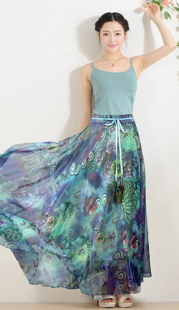 Elegant Fancy Flower Print Skirt Long Women Fashion Peacock Feather Elastic Waist Ultra-long Big Bottom Full Chiffon Skirt - CelebritystyleFashion.com.au online clothing shop australia