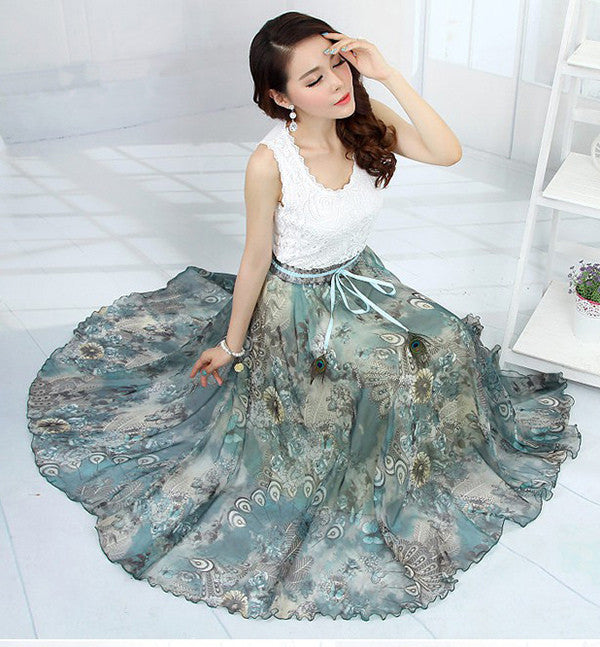 Elegant Fancy Flower Print Skirt Long Women Fashion Peacock Feather Elastic Waist Ultra-long Big Bottom Full Chiffon Skirt - CelebritystyleFashion.com.au online clothing shop australia