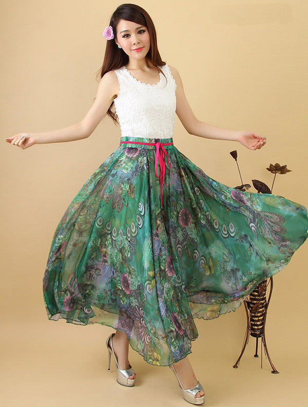 Elegant Fancy Flower Print Skirt Long Women Fashion Peacock Feather Elastic Waist Ultra-long Big Bottom Full Chiffon Skirt - CelebritystyleFashion.com.au online clothing shop australia