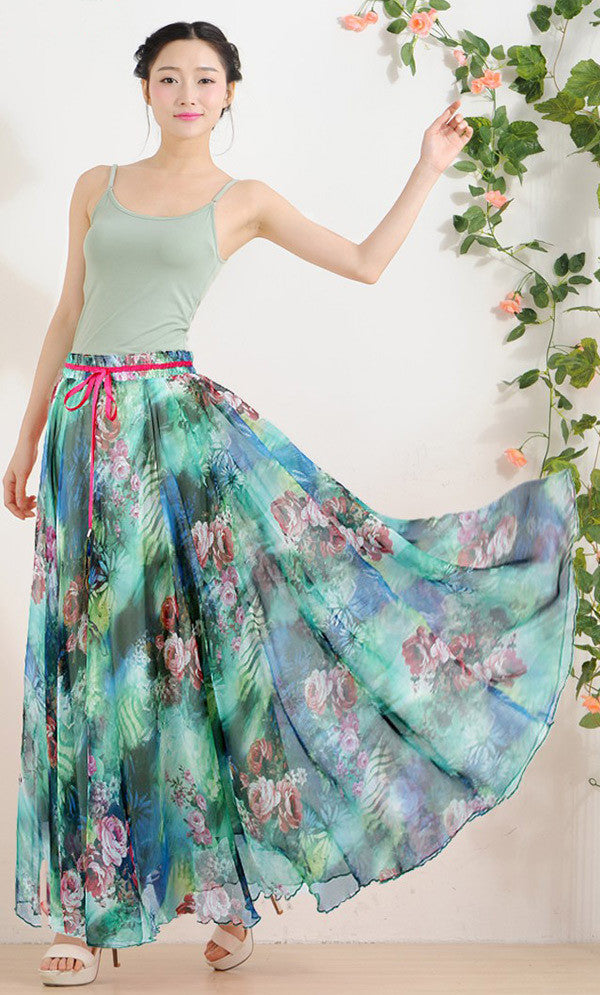 Elegant Fancy Flower Print Skirt Long Women Fashion Peacock Feather Elastic Waist Ultra-long Big Bottom Full Chiffon Skirt - CelebritystyleFashion.com.au online clothing shop australia