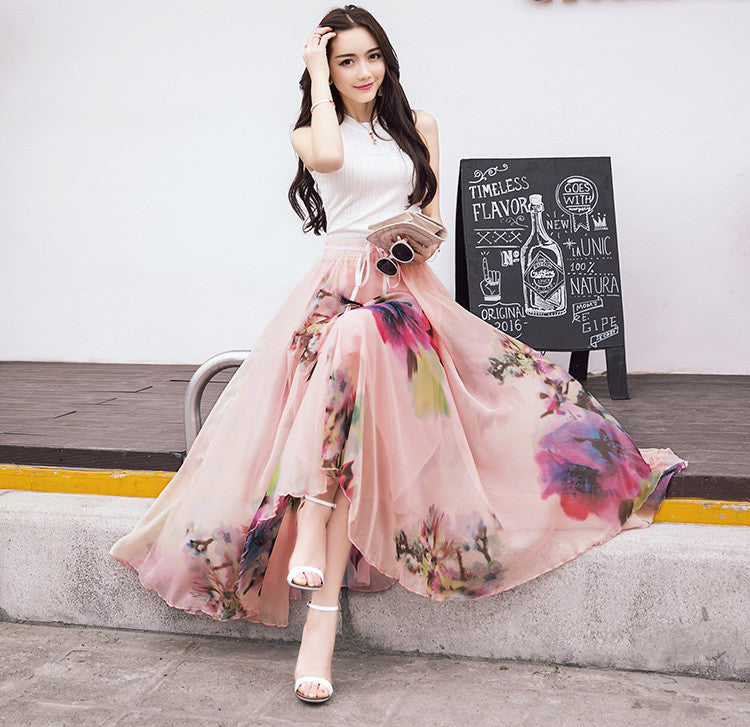 Elegant Fancy Flower Print Skirt Long Women Fashion Peacock Feather Elastic Waist Ultra-long Big Bottom Full Chiffon Skirt - CelebritystyleFashion.com.au online clothing shop australia