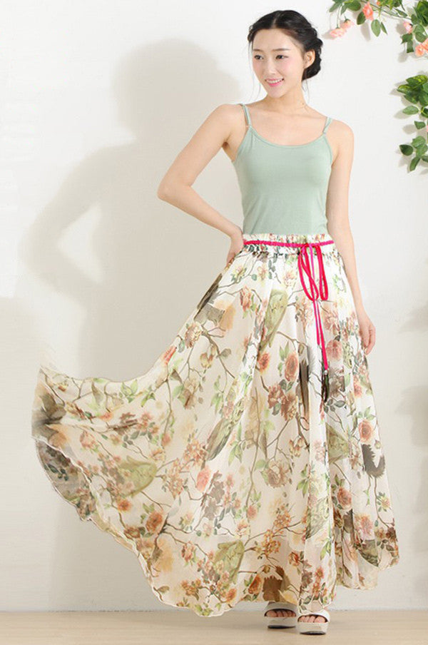 Elegant Fancy Flower Print Skirt Long Women Fashion Peacock Feather Elastic Waist Ultra-long Big Bottom Full Chiffon Skirt - CelebritystyleFashion.com.au online clothing shop australia