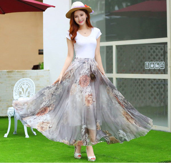 Elegant Fancy Flower Print Skirt Long Women Fashion Peacock Feather Elastic Waist Ultra-long Big Bottom Full Chiffon Skirt - CelebritystyleFashion.com.au online clothing shop australia