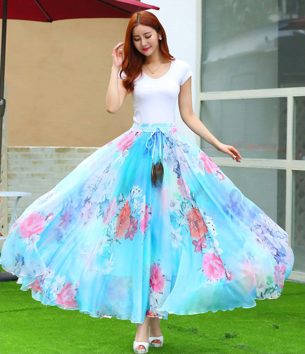 Elegant Fancy Flower Print Skirt Long Women Fashion Peacock Feather Elastic Waist Ultra-long Big Bottom Full Chiffon Skirt - CelebritystyleFashion.com.au online clothing shop australia