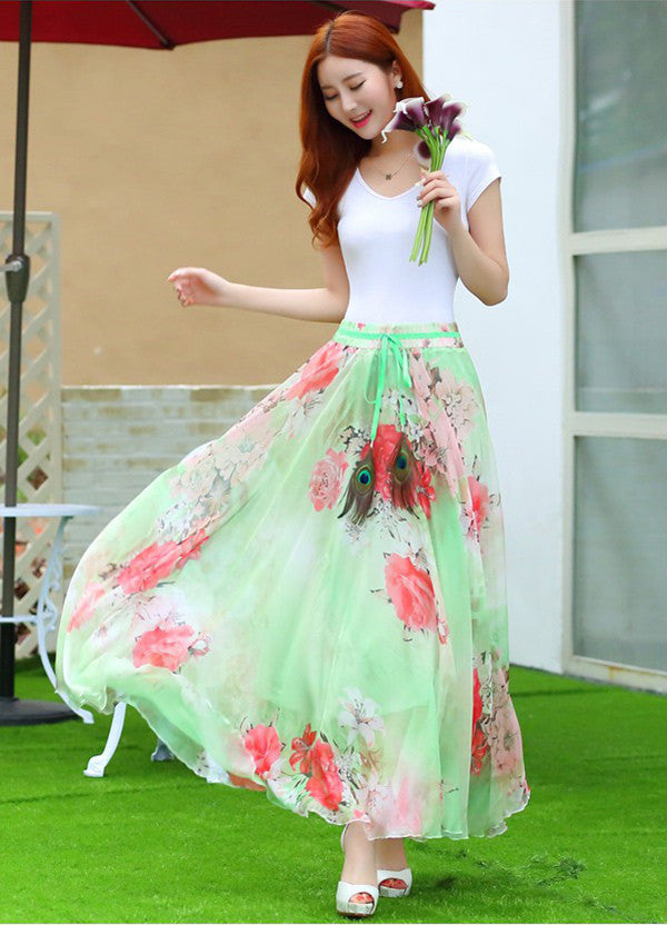 Elegant Fancy Flower Print Skirt Long Women Fashion Peacock Feather Elastic Waist Ultra-long Big Bottom Full Chiffon Skirt - CelebritystyleFashion.com.au online clothing shop australia