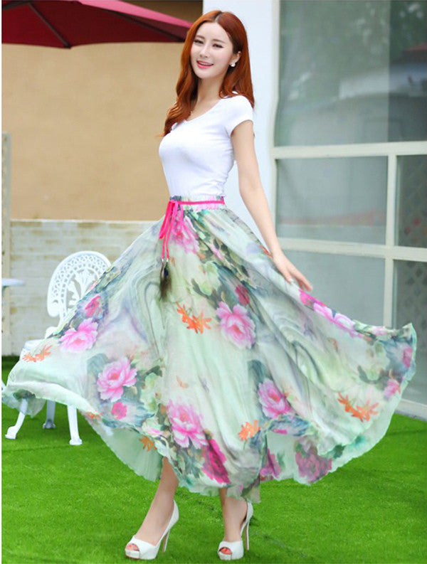 Elegant Fancy Flower Print Skirt Long Women Fashion Peacock Feather Elastic Waist Ultra-long Big Bottom Full Chiffon Skirt - CelebritystyleFashion.com.au online clothing shop australia