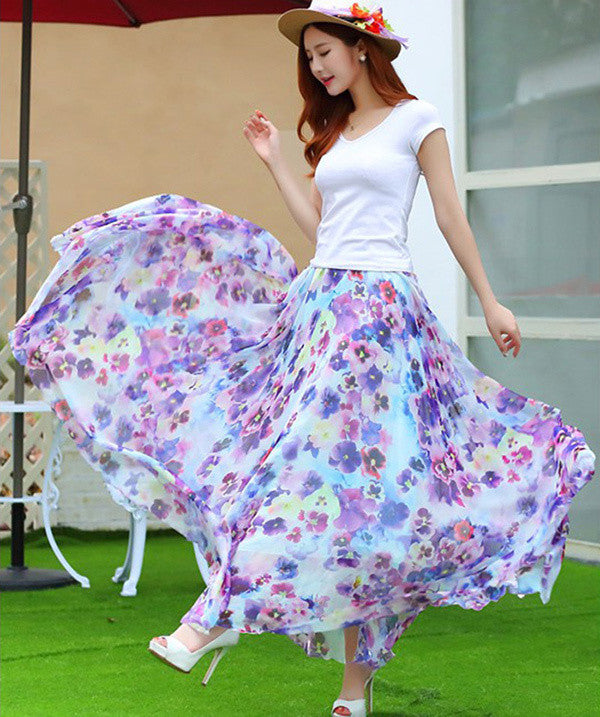 Elegant Fancy Flower Print Skirt Long Women Fashion Peacock Feather Elastic Waist Ultra-long Big Bottom Full Chiffon Skirt - CelebritystyleFashion.com.au online clothing shop australia