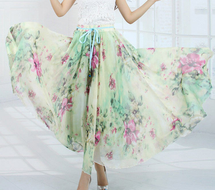 Peacock Feather Faux Silk Elastic Waist Big Bottom Printed Bohemia Skirt Women Full Long Chiffon Skirt - CelebritystyleFashion.com.au online clothing shop australia