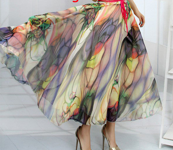 Peacock Feather Faux Silk Elastic Waist Big Bottom Printed Bohemia Skirt Women Full Long Chiffon Skirt - CelebritystyleFashion.com.au online clothing shop australia
