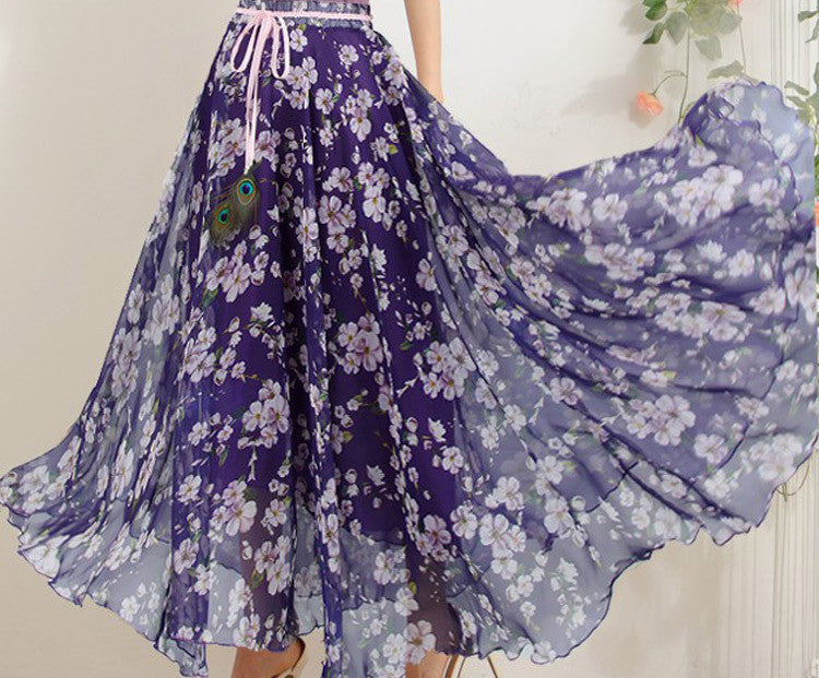 Peacock Feather Faux Silk Elastic Waist Big Bottom Printed Bohemia Skirt Women Full Long Chiffon Skirt - CelebritystyleFashion.com.au online clothing shop australia