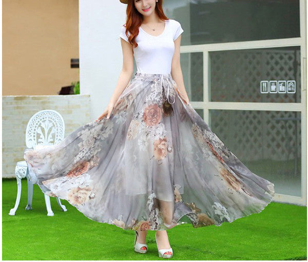 Peacock Feather Faux Silk Elastic Waist Big Bottom Printed Bohemia Skirt Women Full Long Chiffon Skirt - CelebritystyleFashion.com.au online clothing shop australia